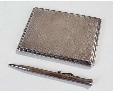 Silver cigarette case, 1919 Mappin & Webb, 4.4oz, together with a silver pencil, (2)