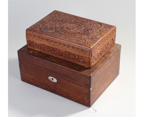 Victorian rosewood toilet box, with compartmentalised interior, together with, an Indian hardwood trinket box, (2)