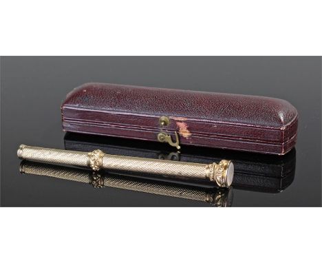 Victorian gold plated propelling pencil, with agate seal end, foliate end and engine turned shaft with adjustable collar, 9cm