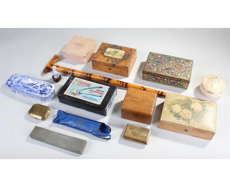 Mixed works of art, to include, 19th Century brass 'forget me not' snuff box, various trinket boxes, hair clippers etc., (qty