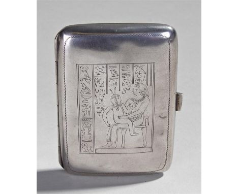 Egyptian revival silver cigarette case, the case engraved with an Egyptian hieroglyphic design, interior case marked 800 