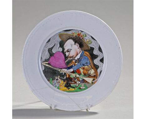 19th Century plate by Alfred Le Petit, the central figure playing an instrument with French text from the horn, signed left h