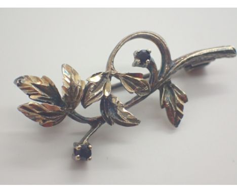 Silver gold plated sapphire set branch brooch