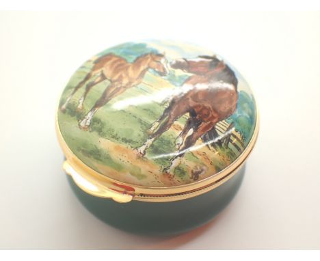Boxed Crummels enamel pill box with horses to lid