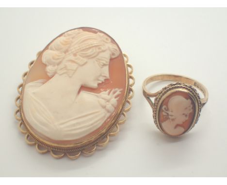 9ct gold cameo brooch and ring 13.4g total weight