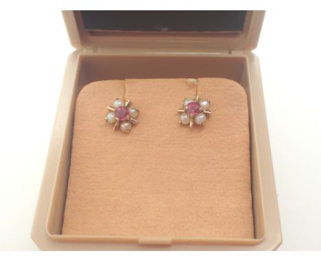 Pair of vintage ruby and seed pearl earrings