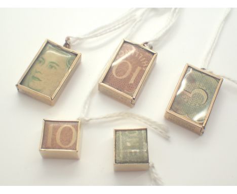 Five 9ct yellow gold bank note charms £1 £5 and £10 