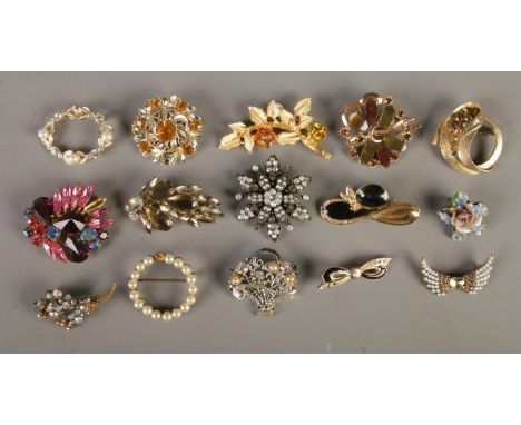 A collection of fifteen vintage brooches, including ceramic floral, winged and bow examples.  Stones missing from some exampl