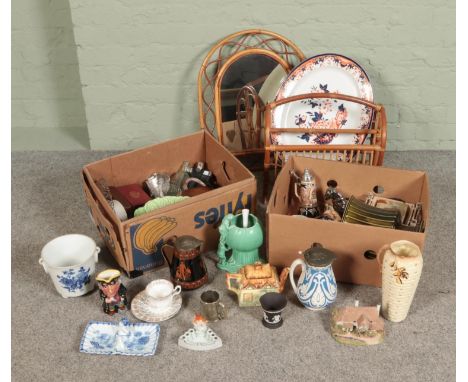 Two boxes of mixed collectables including Wedgewood small urn, Staffordshire teapot &amp; character jug, Myott vase, metal ho