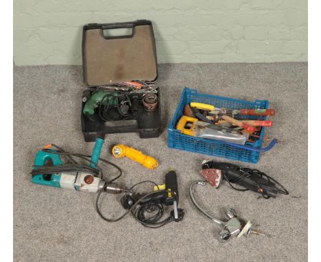 A collection of assorted hand and power tools to include Wicks profile sander, Hitachi hammer drill, Stilsons, safety torch, 