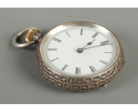 A small silver fob watch; the inside of the case stamped 925. With white enamel dial bearing Roman Numeral markers and foliat