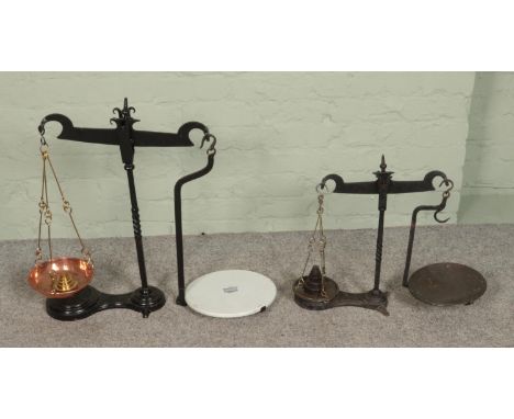 Two sets of antique balance scales include W.T Avery examples featuring ceramic plate.  
