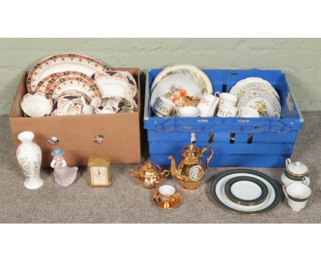 Two boxes of miscellaneous. Includes Legacy by Noritake teawares, Jean Pierre quartz carriage clock, Czechoslovakian teaset, 