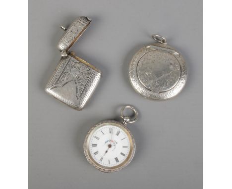 A collection of silver to include vesta case, compact and ladies pocket watch. Hallmarked Birmingham 1901 by Arthur Cook (21.