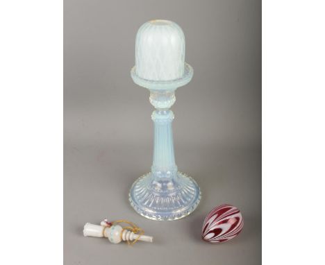 A small collection of glassware to include Victorian glass fairy lamp with blue shade, hand blown striped egg and small pipe 