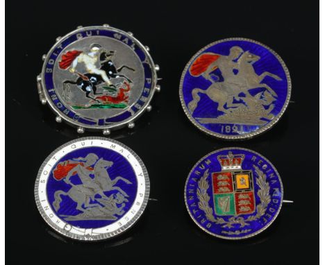 Four Nineteenth Century enameled coin brooches, to include George IV 1821 crown and Victorian 1874 half crown.  Some minor ch