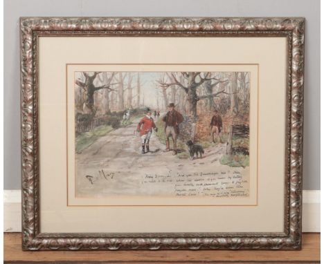 A framed watercolour, hunting scene with comedic text. Signed indistinct. 26cm x 36cm.  