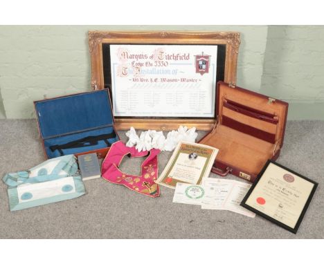 A quantity of mostly Masonic. Includes sash, apron, gloves, etc.  