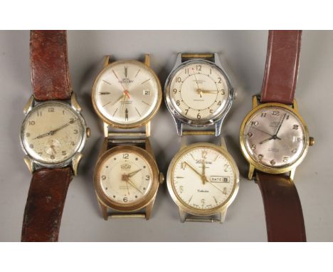 Six vintage watches and watch heads for spares and repairs. To include Uno, Ingersoll and Rocar examples.  