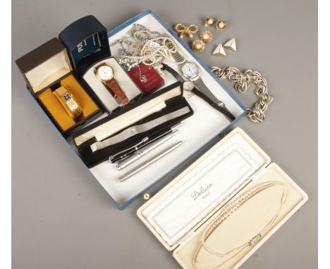 A quantity of costume jewellery jewellery and pens. Includes manual ladies wristwatches, Parker Frontier fountain pen, brooch