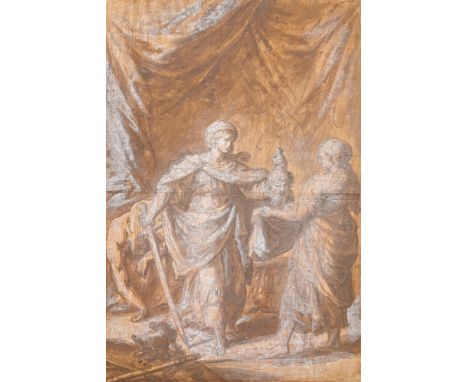 Étienne Parrocel (1696-1775), Judith remettant la tête d'Holopherne à une servante, sanguine, pinceau et lavis brun, rehauts 