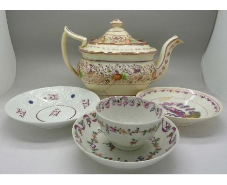 A Georgian tea bowl and saucer, a/f and two other saucers, and a pink lustre teapot, teapot a/f