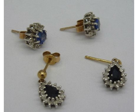 Two pairs of diamond and sapphire earrings, one butterfly lacking