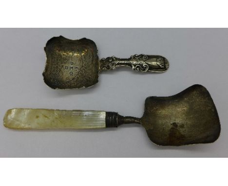 A George IV silver caddy spoon by John Bettridge and a William IV silver caddy spoon with mother of pearl handle, Birmingham 