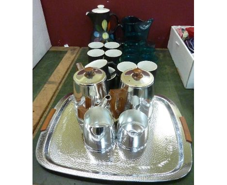 A hand-painted 1960's coffee set, a turquoise glass water set, made in Poland and a Sona chrome tea and coffee service with t