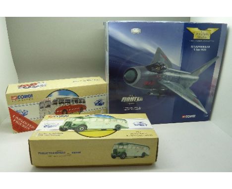 A Corgi 1:72 scale model of a EE Lightning F3 5 Sqn 1978 and two Corgi Classics coaches, boxed