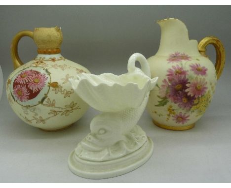 A Royal Worcester ivory blush jug, 1094, a Royal Worcester fish shaped bowl and a Pointons jug, Pointons jug a/f