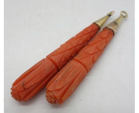 A pair of Victorian yellow metal set coral earrings, lacking loops