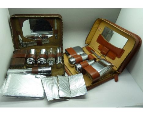 Two gentleman's travel grooming sets, four Art Deco bridge marking books and a cigarette case/lighter