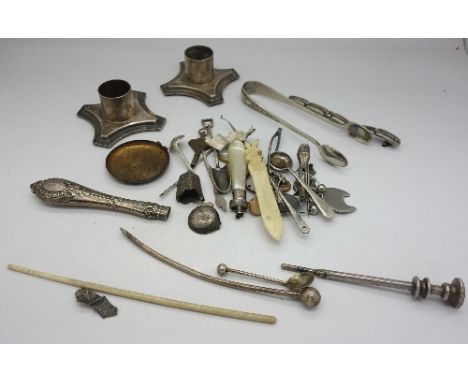 An advertising watch key, salt spoons, a pair of candlestick sconces, etc., some a/f