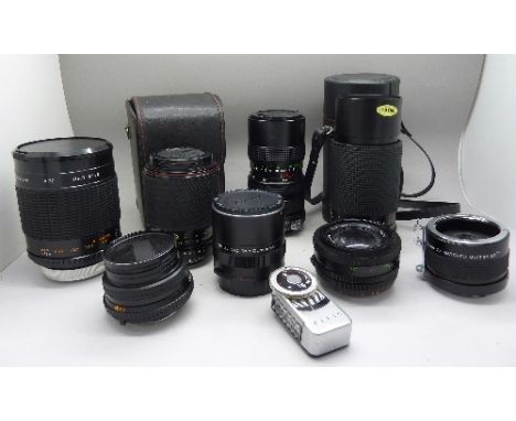 Camera lenses, adaptors and light meters, including a Centon MC mirror lens 1:8.0 f=500mm and a Formula 5 80-200mm lens, etc.