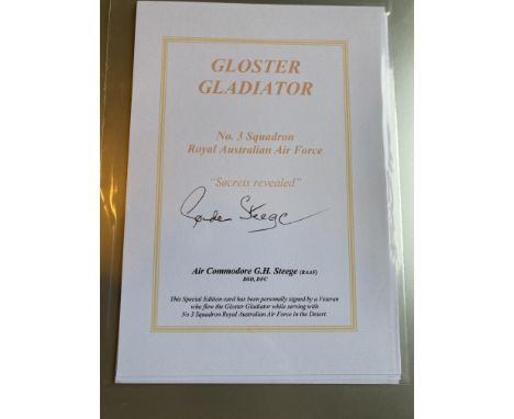 WW2 ace Air Cdre Gordon Steege DSO DFC signed Gloster Gladiator Biography Card. 7 x 5 inch limited edition Printed card with 