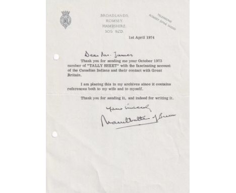 Letter Signed by Admiral of the Fleet The Earl Mountbatten of Burma. typed Letter dated 1st April 1974 on Headed Paper Broadl