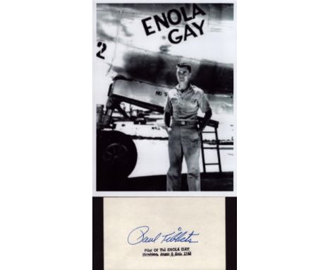 WW2 Atim Bomb Enola Gay pilot Paul Tibbets signed card with b/w 7 x 5 inch unsigned photo. Good condition. All autographs com