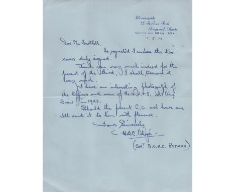 Great War aviation pioneer Capt H W C Alger handwritten letter 1973 with good content about officers 1923. Captain H. W. C. A