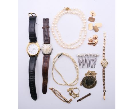 A small quantity of watches and jewellery, including a 9 ct gold ladies Rotary wristwatch12.5 grammes total weight, a pair of