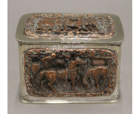 A Victorian silver-plated tea caddy with applied copper panels and key. 16 cm wide.