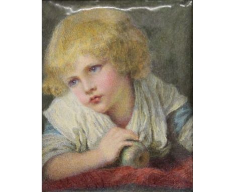 A painted enamel on copper portrait of a young child in thoughtful pose, framed. 15 x 17.5 cm overall.