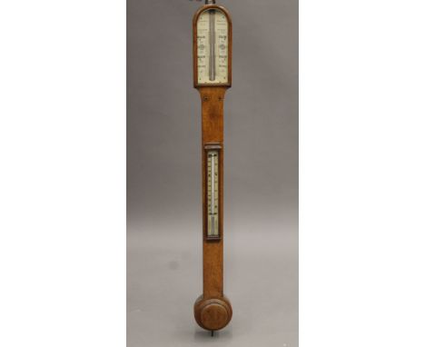 A Victorian oak stick barometer. 92 cm high.NOTE: This lot is sold with an ivory exemption certificate.