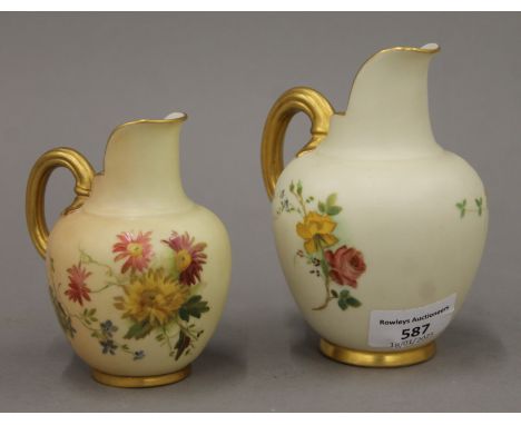 Two Royal Worcester blush ivory porcelain jugs. The larger 12.5 cm high.