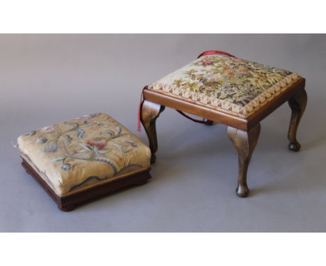 A Victorian tapestry-topped mahogany foot stool and a 20th century foot stool. The former 21 cm square.