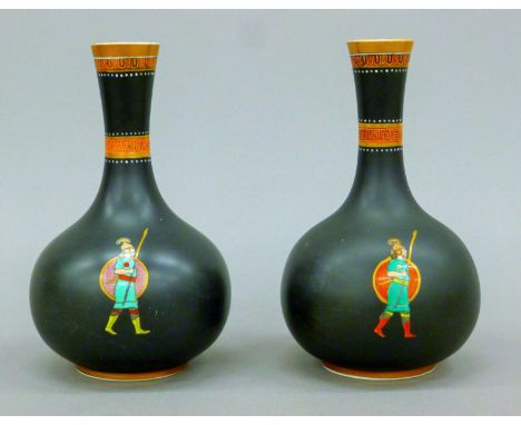 A pair of Victorian porcelain vases decorated with warriors, a florally-decorated lidded pot, two brass oil lamps and shades 