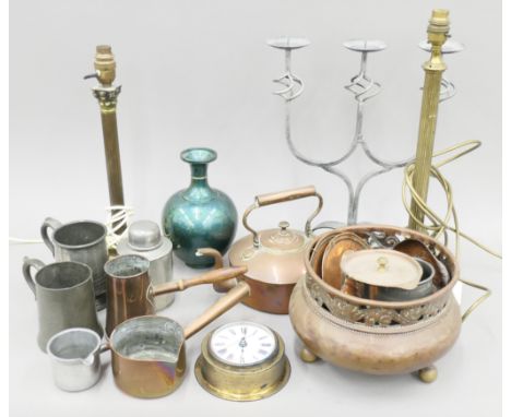 A quantity of various metalware including lamps, a teapot etc. The largest lamp 50 cm high.