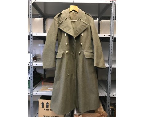 A POST WAR ARMY GREATCOAT AND A COLLECTION OF OTHER ITEMS. An Army Greatcoat with label Greatcoat dismounted, 1951 Pattern, S