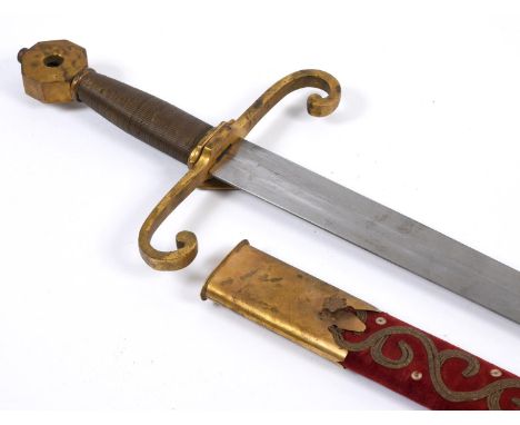 A CEREMONIAL SWORD AND SCABBARD. A ceremonial sword with an 83.5 cm tapering pointed blade, scrolling cross bar and wire wrap