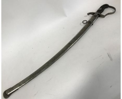 A NINETEENTH CENTURY GERMAN SWORD AND SCABBARD. The curved sword with a pointed tip and fuller with a number of partially era